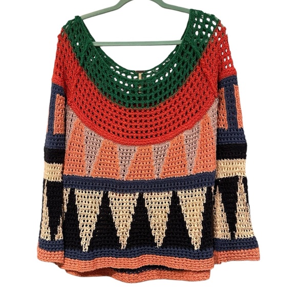 Free People Sweaters - Free People Crochet Colorblock Open-Knit Sweater in Green, Red, Peach, Black